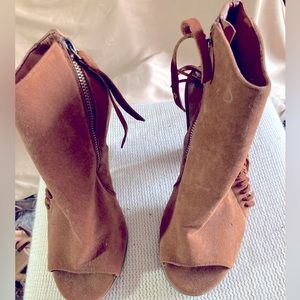 Brown suede boot heels with peep toe and open heel, size 7.5